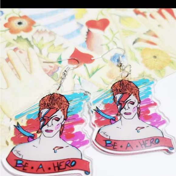 ⭐️Bowie ziggy stardust be a hero acrylic earrings on silver hypoallergenic hook - Picture 5 of 9